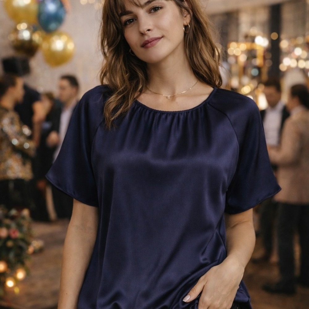 Alfani Navy Satin Blouse Short Sleeve Elastic Hem Casual Top Size M